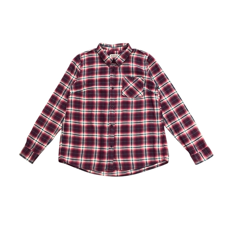 Burton Plaid Flannel Shirt Burgundy Blue Button Front Long Sleeve Womens Size L